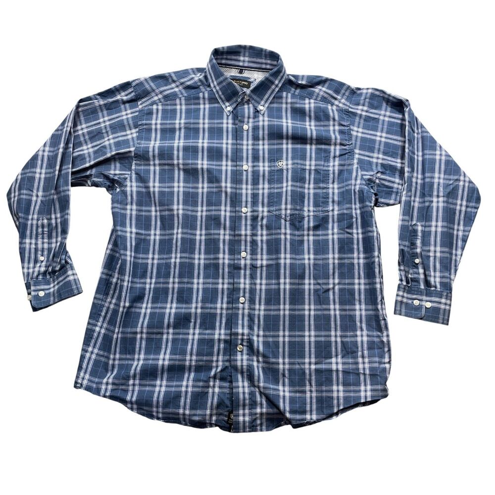 Ariat Pro XL Blue Plaid  Button Up Button Collar Vented‎ Long Sleeve Cotton/Poly